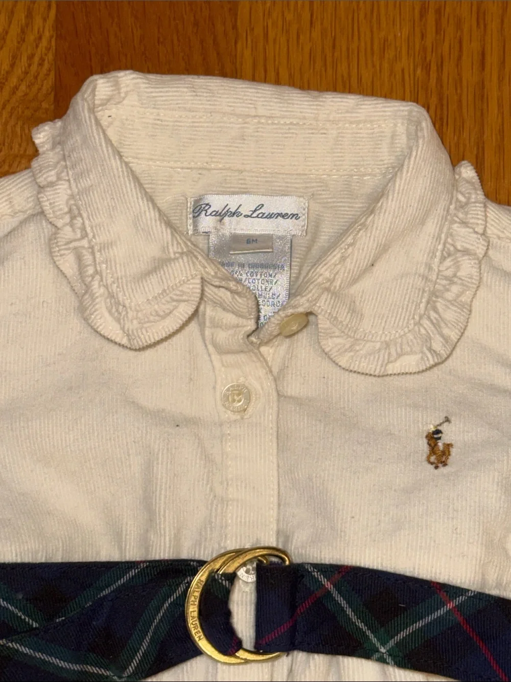 🐎 Ralph Lauren Cream Ruffle Collar Shirt Dress with Plaid Belt 6 months
